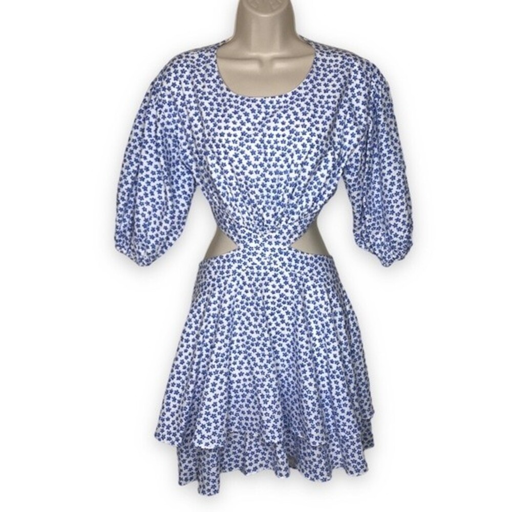 Shop Neighbor Cutout Blue Floral Puff Sleeve Cotton Tier Dress New Women Small